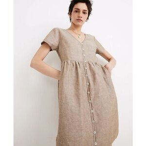 Madewell Alexandra XS Olive-Branch Linen Blend Button Front V-Neck Babydoll